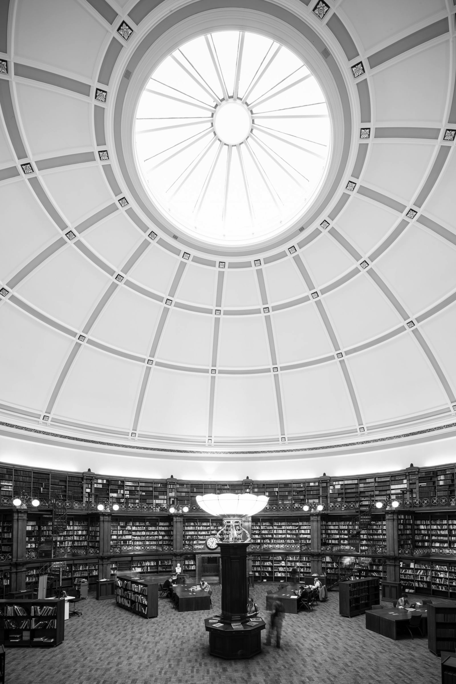 Grand academic library reading room, black and white