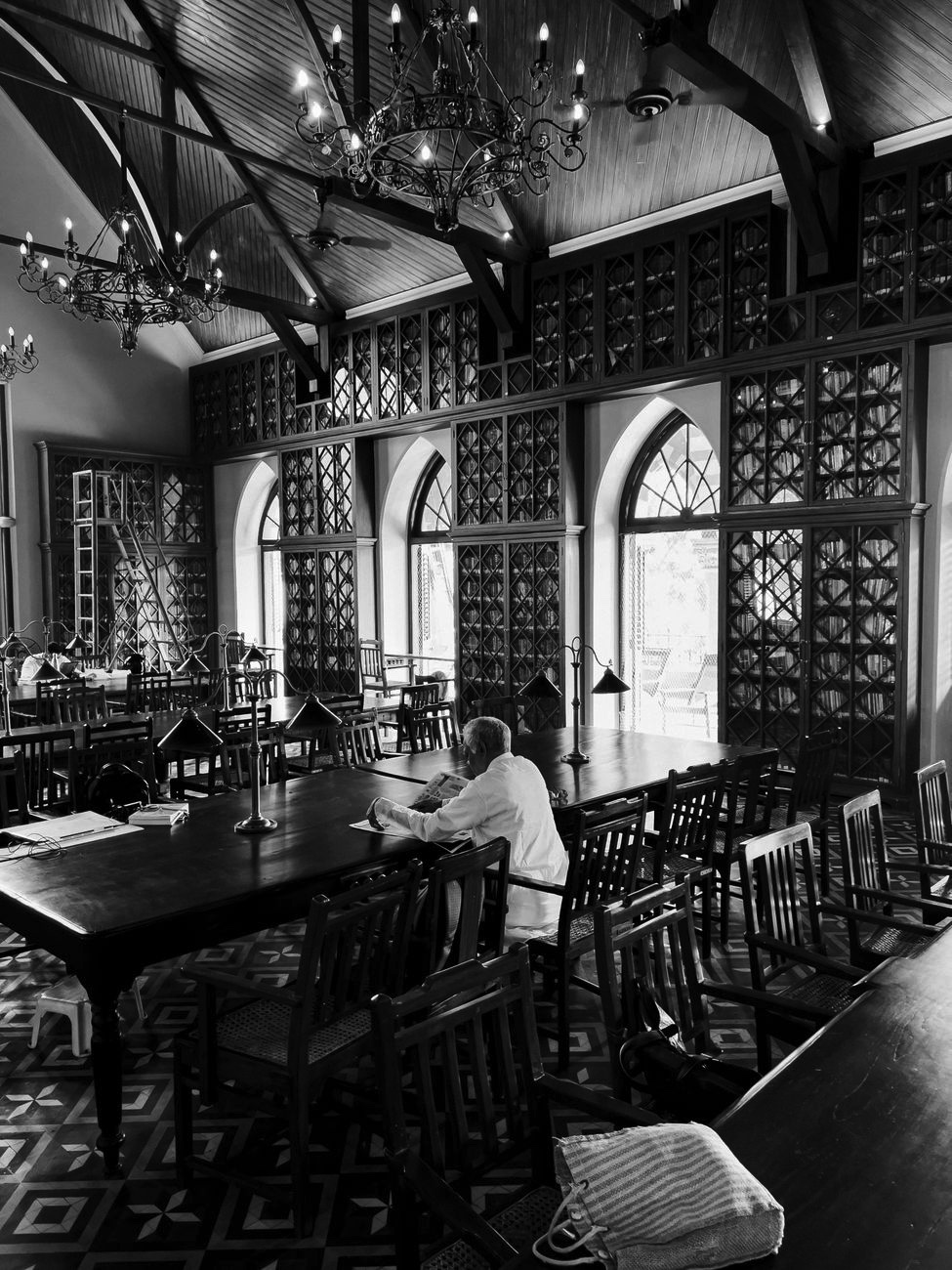 Library corridor, light and shadow, black and white
